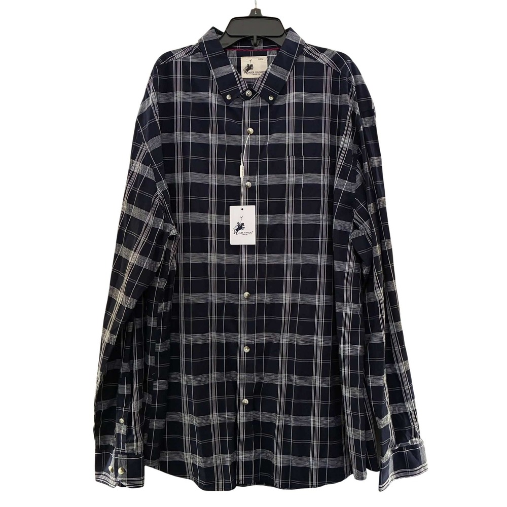 Alex Vando Plaid Button Down Shirt Mens XXL Navy Blue Cotton Long Sleeve Preppy
